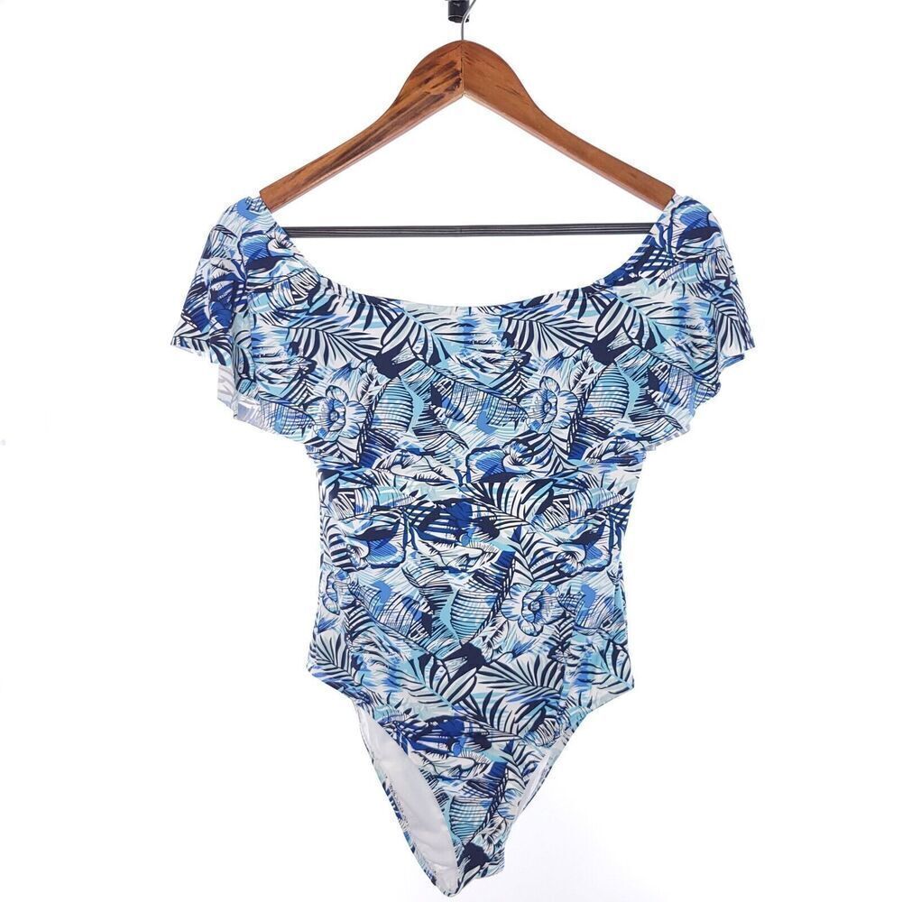 Stylish Swimwear Womens Blue One Piece Floral Off the Shoulder Ruffle Swimwear M